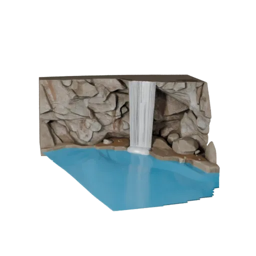 Cave Waterfall Pool Stylized 3D model, stylized isometric environment render, showing wet stone, water edges.