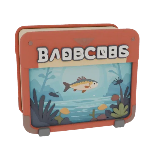 3D model of a fly fishing fly box organizer book with fish and underwater scene on an orange case.