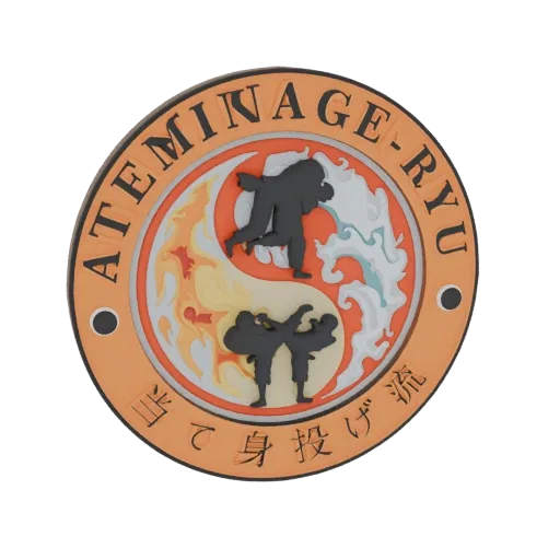 3D model of the ATEMINAGE-RYU martial arts emblem, featuring a Yin-Yang symbol with combatants, fire, and water.