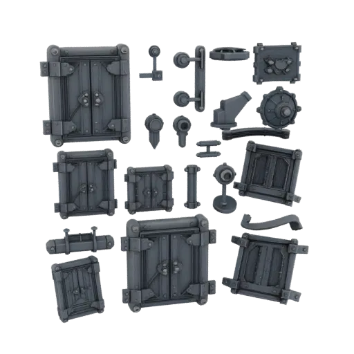 Dungeon Locked Door Panel Printable 3D model, isometric STL render, showing metal hinges, clear interaction affordances.