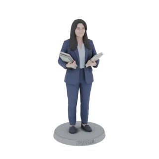 Modello 3D di un'insegnante in tailleur blu che tiene libri, su una base circolare con testo russo.