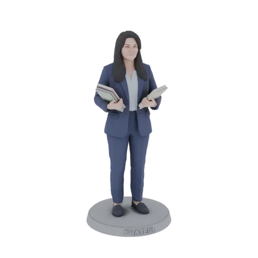 3D model of a female teacher in a blue suit holding books, standing on a circular base with Russian text.