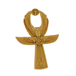 Modèle 3D d'un Ankh égyptien avec un scarabée et l'Œil d'Horus, rendu en couleur dorée, sur fond blanc.