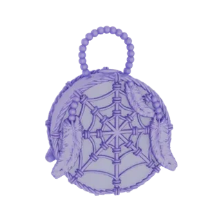 3D model of a purple dreamcatcher pendant with intricate web and feather details, featuring a beaded loop for hanging.
