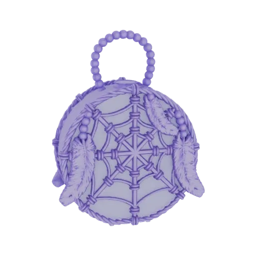 3D model of a purple dreamcatcher pendant with intricate web and feather details, featuring a beaded loop for hanging.