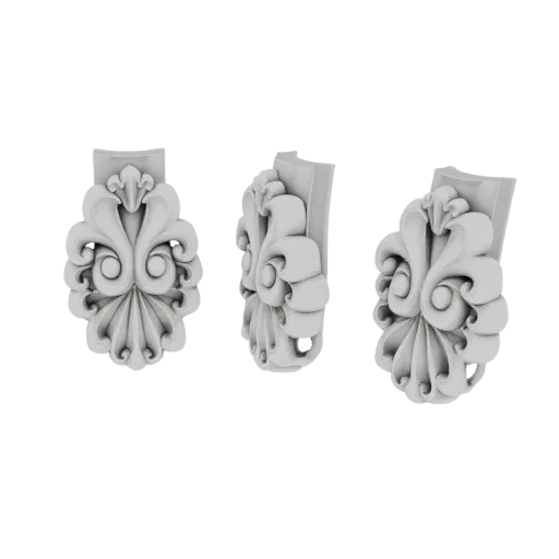 Modèle 3D d'une volute acanthe ornée architecturale, montré sous trois angles différents sur fond blanc.