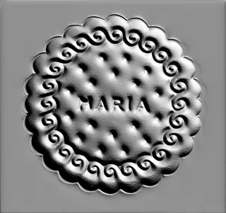 Modelo 3D de relieve de galleta "María" con patrón en el borde, en estilo metálico plateado.