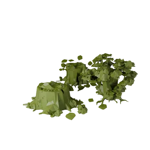 Mossy Stump Set Low Poly 3D model, game viewport three-quarter view, showing leaf clusters, layered vegetation clusters.