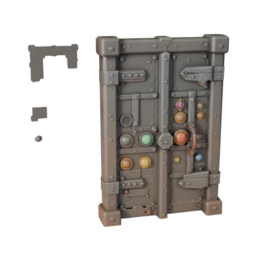 Dungeon-Schlosstür-Panel stilisiertes 3D-Modell, stilisierte isometrische Darstellung, zeigt Metallscharniere, Formdetails.