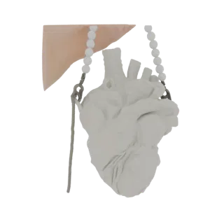 Rendu 3D d'une sculpture de cœur anatomique blanc avec des perles blanches et une corde pendantes, sur fond noir.