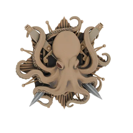 Modello 3D di un emblema Kraken in bronzo con polpo dagli occhi rossi, pugnali e telescopi.