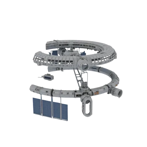 Deep Space Habitat Module Printable 3D model, isometric STL render, showing metal modules, modular station layout.