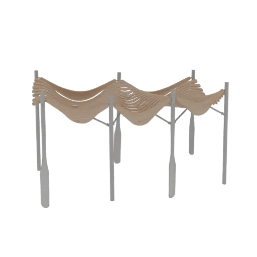 3D model of a modern wavy canopy structure with layered wooden roof and grey support pillars against a black background.