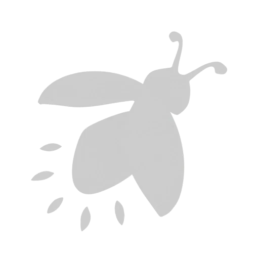 A stylized 3D model of a firefly, depicted with smooth, simplified shapes and a whimsical aesthetic, against a white backgrou