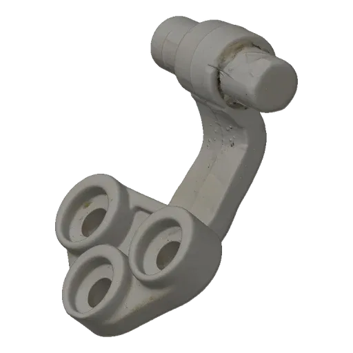 3D model of a gray plastic hinge bracket with a T-shaped top and a base featuring three circular mounting holes.