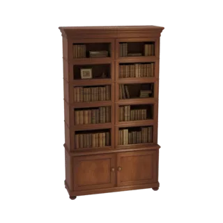 Modelo 3D de estante clássica de madeira com várias prateleiras cheias de livros e armário de portas duplas na base.
