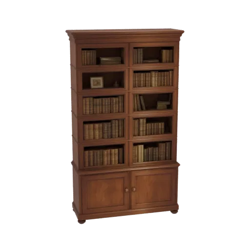 3D model of a classic wooden bookshelf with multiple shelves filled with books and a double-door cabinet at the base.