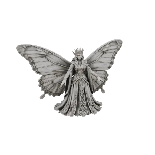 3D model of a fairy queen with a crown and large, detailed butterfly wings, wearing an ornate gown.