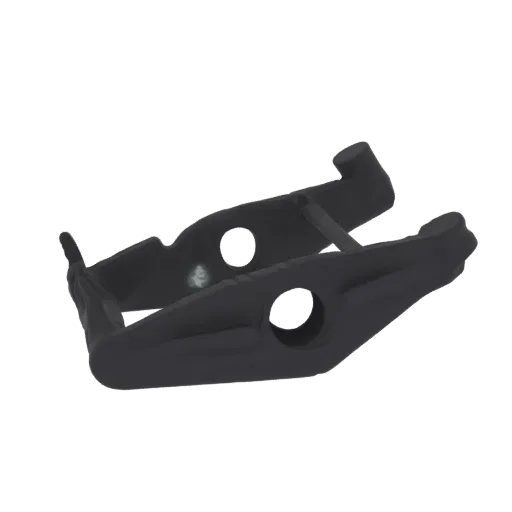 3D model of a black plastic clamp with two circular holes, viewed from a slightly elevated side angle.