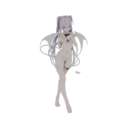 3D model of a Lilith succubus figure with pale skin, long purple hair, and white bat wings, posed delicately against a white