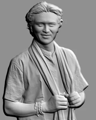 3D model of a man in a scarf bas-relief, rendered in a realistic style with high detail.