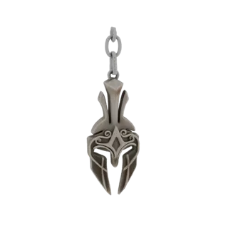 3D-Modell eines metallischen Sparta Helms als Schlüsselanhänger Anhänger, an einer Kette hängend.