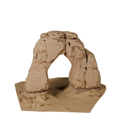 Sandstone Arch Rock Unity 3D model, isometric viewport view, showing stratified stone, dune ridges.