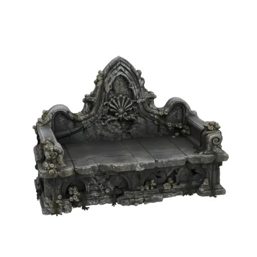 A weathered Gothic stone bench with intricate carvings and floral accents, rendered in 3D.