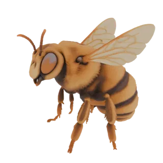 Ein 3D-Render einer stilisierten Honigbiene mit flauschigen Texturen, großen Augen und durchscheinenden Flügeln vor einem wei