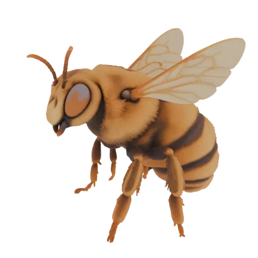 Una renderización 3D de una abeja estilizada con texturas peludas, ojos grandes y alas translúcidas, sobre un fondo blanco.