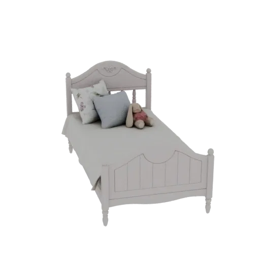A 3D model of a pale pink children's bed with a floral pillow, a blue pillow, and a plush bunny on top, set against a white b