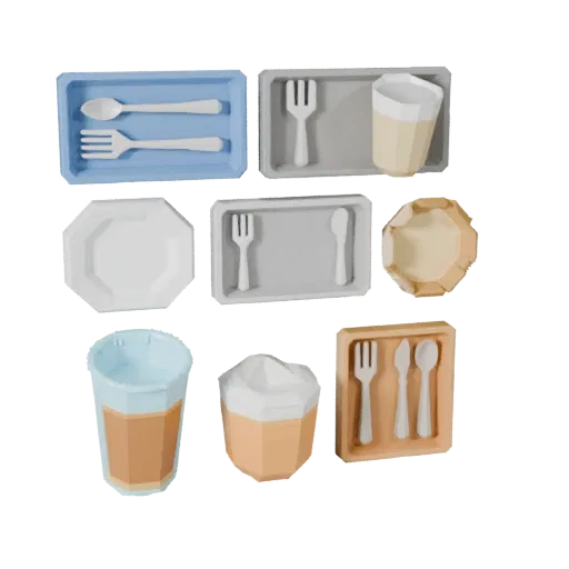 Picnic Tea Service Low Poly 3D model, game viewport three-quarter view, showing ceramic, arranged serving layout.