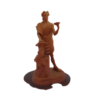 3D model of a classical male figure with a serene expression, holding a bowl and standing next to a pedestal with grapes.