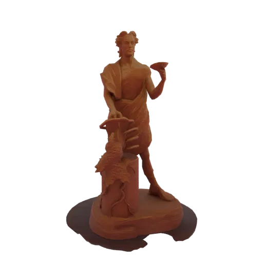 Modelo 3D de figura masculina clássica com expressão serena, segurando uma taça e ao lado de um pedestal com uvas.