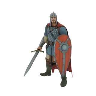 Modelo 3D de guerreiro medieval em armadura completa, segurando espada e escudo, com capa vermelha.