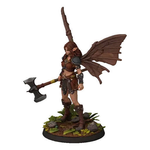 3D model of a forest fairy warrior with chestnut hair, four butterfly wings, and a double-bladed axe, standing on a forest ba