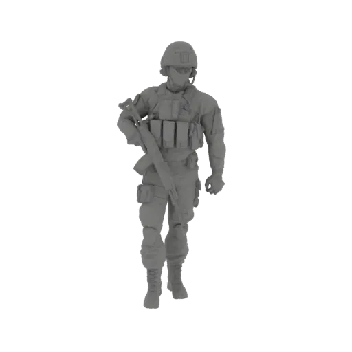 3D-Modell eines modernen Soldaten in taktischer Ausrüstung, der ein Gewehr hält, in Grau gerendert.