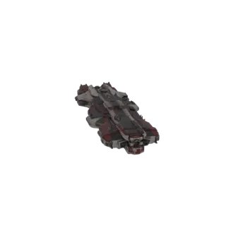 3D model of a heavy interstellar cruiser spaceship with a dark grey and red color scheme, featuring detailed hull plating and