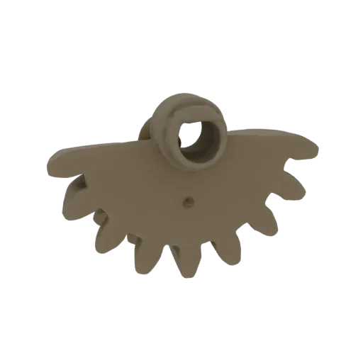 Renderização 3D de uma única engrenagem mecânica com cubo central e dentes distintos, apresentada em fundo branco.
