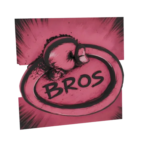 3D model of two crimson fists bumping, with the word 'BROS' inscribed in the center, set against a radiating background.