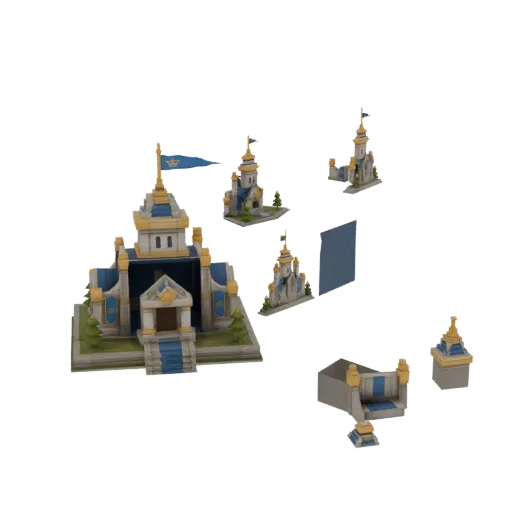 3D render of a fantasy royal castle with blue banners, featuring a main keep and smaller surrounding buildings on a black bac