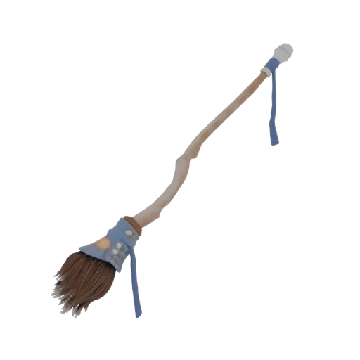 Un rendering 3D di una scopa rustica con manico in legno nodoso, setole marroni e accenti in tessuto blu legati con un nastro