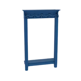 3D model of an ornate blue hallway console table with a decorative carved top and a lower shelf, presented against a white ba