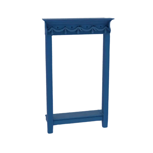 3D model of an ornate blue hallway console table with a decorative carved top and a lower shelf, presented against a white background.