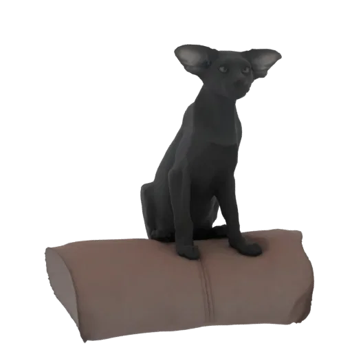 3D model of a dark Oriental cat with large ears sitting on a brown pillow, isolated on a white background.