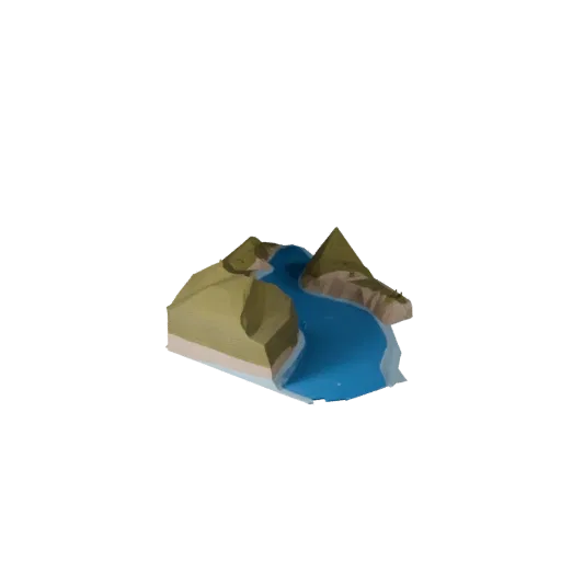 Mountain Stream Bed Low Poly 3D model, game viewport three-quarter view, showing wet stone, water edges.