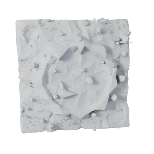 Snowy Ambush Base Low Poly 3D model, game viewport three-quarter view, showing sculpted terrain, snow banks.