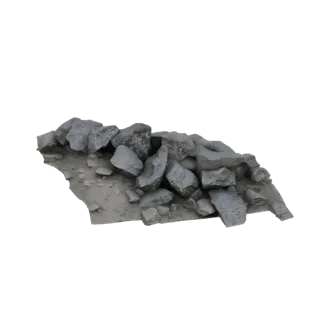 Modelo 3D de una pila de rocas trituradas grises sobre una base arenosa, con bordes afilados y texturas variadas.