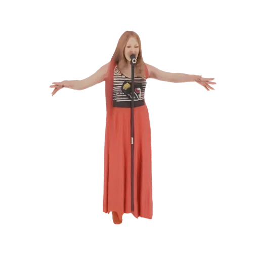 Modello 3D di una cantante con capelli castano ramato, vestita con abito corallo e maglia a righe, che canta in un microfono