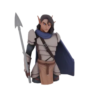 Modelo 3D de um guerreiro elfo com olhos azuis, cabelo escuro, armadura de placas, cachecol azul e lança, contra um fundo bra